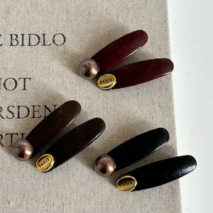 Vintage Faux Leather Hair Clip French Paris Letter Gold Plate Artificial Pearl Embellished Duckbill Side Clip Women Hairpin