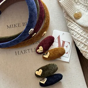 Vintage Velvet Headband Heart Hair Clip Set For Women French High-end Retro Gold Metal Logo Autumn Winter Hair Accessories