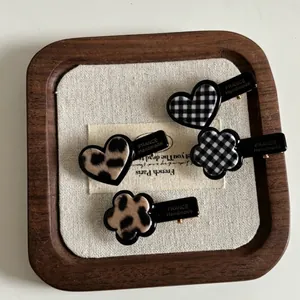 Vintage Acetate Checkered Heart Flower Duckbill Hair Clips For Women Handmade Leopard Print Side Fringe Clips Hair Accessories