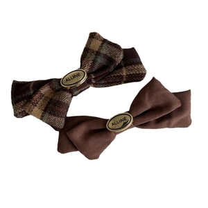 Pink brown plaid bow hair clips set with gold metal buckle decoration for women