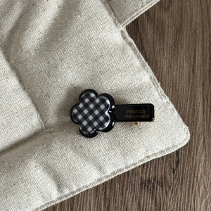 Black and white checkered flower acetate hair clip with gold France Handmade lettering