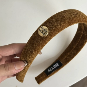 French style brown velvet headband with vintage gold metal logo buckle for women