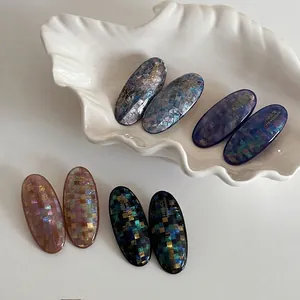 French Vintage Oval Mosaic Pattern Acrylic Hair Clip For Women Fashion Checkerboard Glitter Duckbill Clip Hairpin Accessory