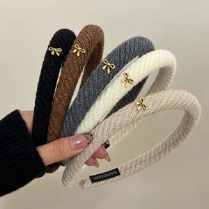Elegant Women Knitted Twill Headband With Gold Bow Decoration Retro Handmade Fabric Hair Hoop For Daily Commute Accessories