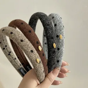 French Style Woolen Polka Dot Headband With Gold Metal Label Elegant Sweet Hairband For Women Fashion Daily Hair Accessories