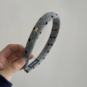 French wool grey headband with black polka dots and gold Love tag for women