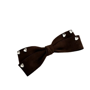 Brown velvet bow hair clip with heart rhinestones, sweet girl hair accessory for women
