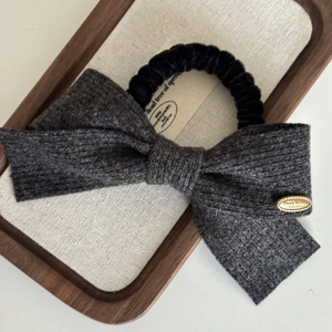 French style dark grey knitted bow hair tie with engraved gold metal buckle