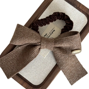 French vintage brown bow hair scrunchie with a gold metal button and velvet ribbon strap