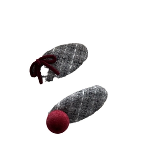 Two-piece grey plaid woolen BB hair clips with red velvet bow and plush ball detail