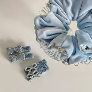 Elegant Korean Style Tweed Bow Hair Clips Faux Artificial Pearl Rhinestone Side Clips Sweet Gauze Heart Hairpin Women Hair Accessories