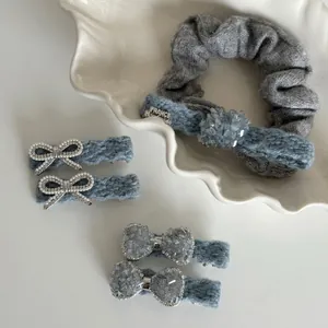 Denim blue knit scrunchie with rhinestones and pearl bow hair clips set for women