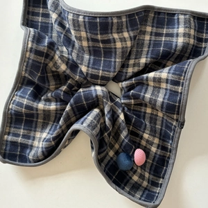 Blue and pink plaid knit hair scrunchie with handmade labels for women's hairstyles