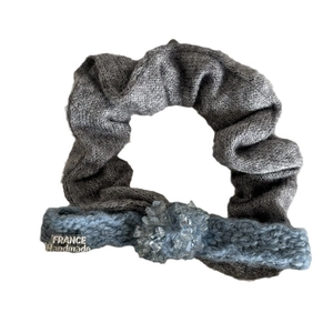 Handmade knitted hair scrunchie with blue denim accents and crystal bead embellishments