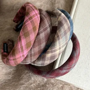 Retro Plaid Woolen Headband For Women Thickened Sponge Hair Band Handmade Checked Striped Argyle Pattern Fashion Hair Hoop Accessories