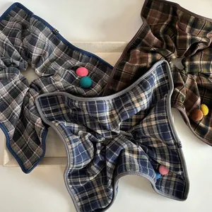 Vintage Plaid Fabric Scrunchie With Handmade Knit Balls Elastic Hair Tie For Women Girls Fashion Autumn Winter Hair Accessory