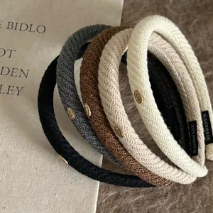 French Retro Knitted Fabric Striped Headband With Golden Mark Handmade Fashion High Top Hairband For Women Daily Accessory
