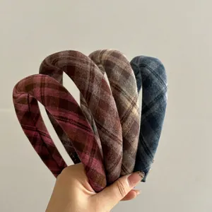 Set of four vintage plaid fabric headbands in red, brown, beige, and blue colors