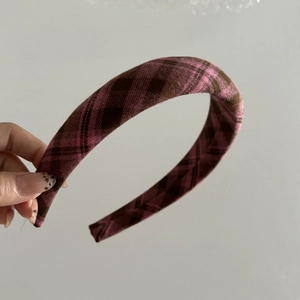 Pink and brown plaid tweed headband with retro bow design and padded wide style
