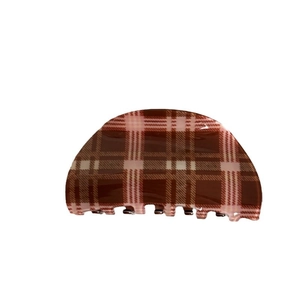 Vintage red brown checkered hair claw clip in a semi-circle design for women