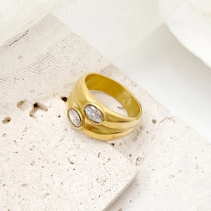 Minimalist 14K gold plated stainless steel wide ring with two sparkling white zircons