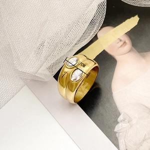 14K gold plated stainless steel wide ring with double white oval cubic zirconia stones