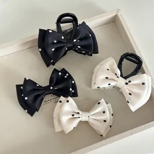 Elegant Polka Dot Bow Hair Claw Clip For Women Handmade Fabric Ribbon Hairpin French Vintage Bowknot Shark Clip Hair Accessory