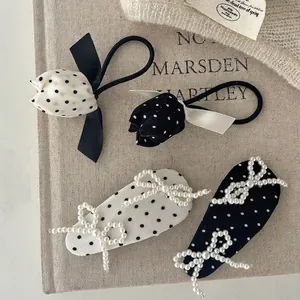 Chouchous en Tissu Tulipe à Pois Vintage Barrette BB à Nœud de Künstliche Perles Artificielles Attache Queue de Cheval Femme