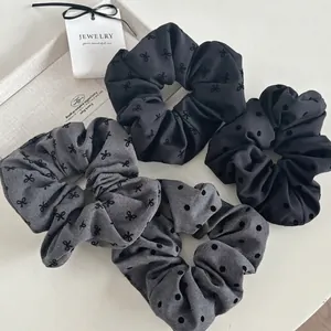 French style polka dot and bow scrunchie set in satin grey and black fabrics