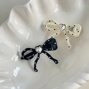 Sweet Polka Dot Bow Hair Clip With Heart Rhinestone Alloy Barrette Vintage Black White Dotted Hairpin For Women Girls Jewelry