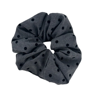 French style dark grey polka dot scrunchie with soft satin fabric and elastic hair tie