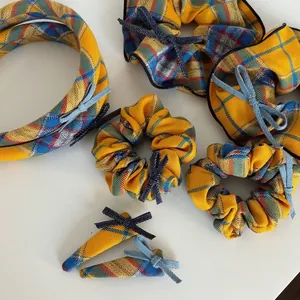 Vintage Plaid Fabric Hair Accessories Yellow Blue Checkered Hair Clips Bow Scrunchies Headbands For Women Girls Daily Hair Decor