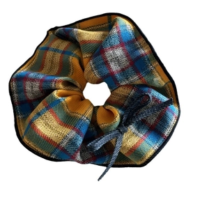 Cute mango checkered hair scrunchie in yellow, blue, and red soft plaid fabric
