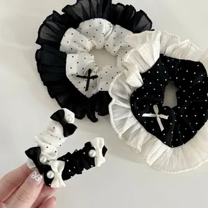 Polka Dot Bow Hair Clip Satin Ruffled Scrunchie Elegant Lace Hair Accessory With Imitation Artificial Pearl For Women Daily Fashion