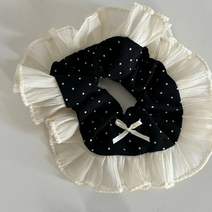 Black polka dot scrunchie with lace trim and white bow hair tie for women