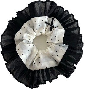 Elegant oversized polka dot scrunchie with lace trim and bow knot hair accessory