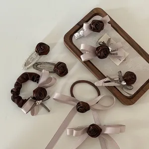 Brown rose hair clips and ribbon scrunchie set with vintage pearls and heart rhinestones