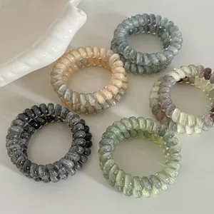 Detail of 5-piece gradient spiral hair ties with marble texture and pearlescent finish