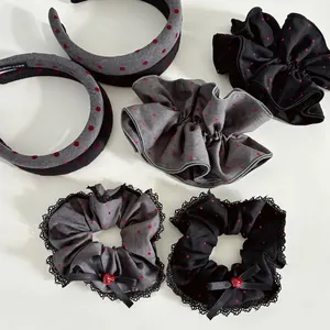 Polka dot satin headband and scrunchie set with lace trim and heart charm in red and grey