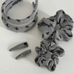 French Retro Houndstooth Hair Clip Bow Fabric Handmade BB Clip Hair Ties Sweet Elegant Black White Hair Accessory Women