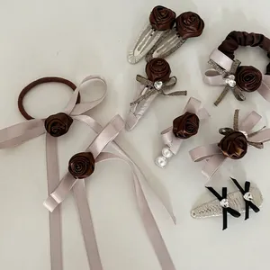 Vintage Brown Rose Hair Clip Satin Ribbon Bow Duckbill Clip Rhinestone Artificial Pearl Elegant French Hair Accessories For Women