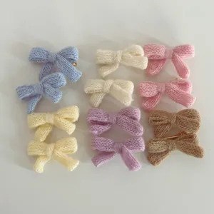Set of 10 colorful knitted bow hair clips in assorted macaron pastel colors for girls