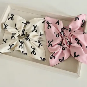 Women Sweet Satin Bow Print Hair Tie Ponytail Scrunchie French Retro Satin Square Scarf Handmade Fashion Hair Accessories