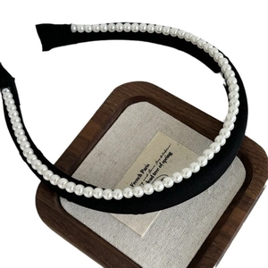 Elegant French style headband with vintage black fabric and rows of white pearls