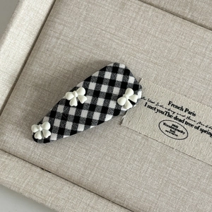 British style black and white gingham hair clip with three white 3D bows for women