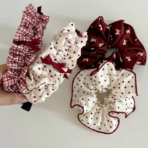 Sweet Red White Polka Dot Fabric Hair Scrunchie Butterfly Bow Headband Set Vintage Plaid Hair Accessory For Women Fashion Headwear