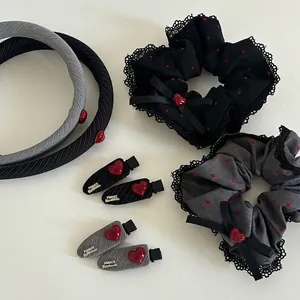 French Style Handmade Fabric Hair Scrunchie With Red Polka Dots And Heart Pendant Black Gray Striped Hair Accessories For Women
