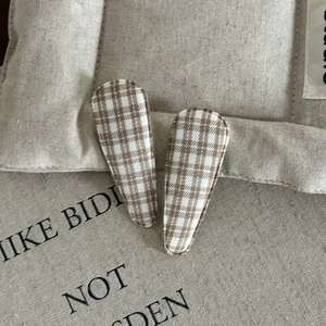 Handmade brown and white plaid fabric BB hair clips for girls set of two in minimalist style