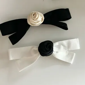 French Style Satin Bow Hair Clip With Fabric Rose Flower Elegant Vintage Spring Clip For Women Gentle Hair Accessories