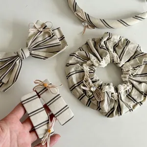 Women Small Scent Lace Striped Hair Clip Scrunchie Headband Set Cotton Linen Fabric Bow Rhinestone Hair Accessories